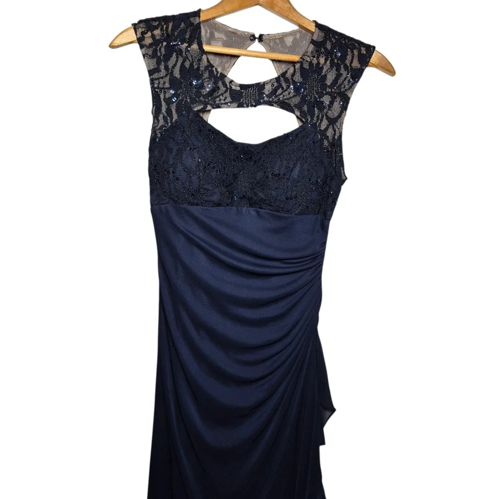 Navy Blue Formal Betsy & Adam Dress Size 6 Lace Sequin‎ Cutout Ruched Gown